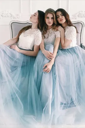 Two Piece A Line Scoop Lace Boho Simple Tulle Short Sleeves Bridesmaid Dresses OHS101