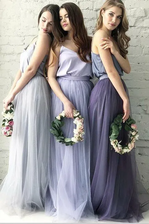 Two Piece A Line Scoop Lace Boho Simple Tulle Short Sleeves Bridesmaid Dresses OHS101