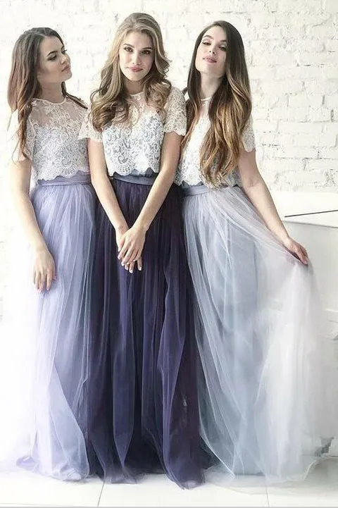 Two Piece A Line Scoop Lace Boho Simple Tulle Short Sleeves Bridesmaid Dresses OHS101