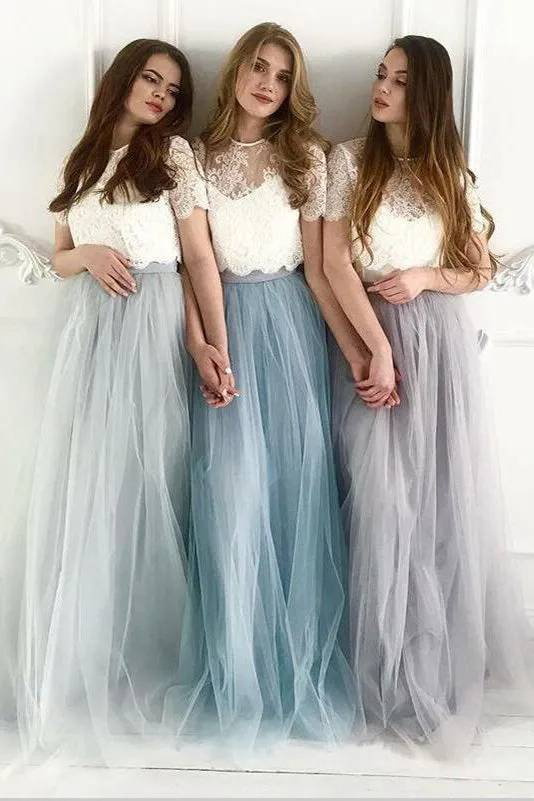Two Piece A Line Scoop Lace Boho Simple Tulle Short Sleeves Bridesmaid Dresses OHS101