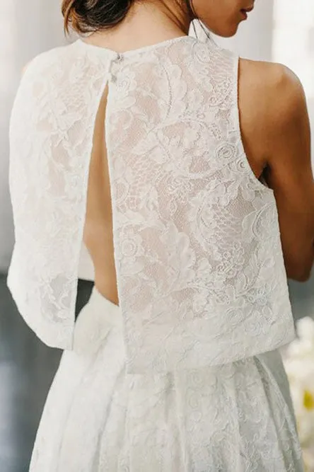 Two Piece Crew Open Back Sweep Train Ivory Lace Wedding Dress with Pockets OHD052