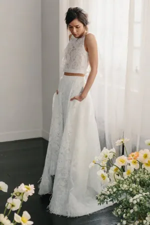 Two Piece Crew Open Back Sweep Train Ivory Lace Wedding Dress with Pockets OHD052