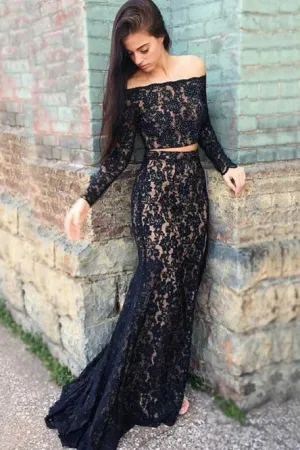 Two Piece Off-the-Shoulder Long Sleeves Black Lace Prom Dress OHC057