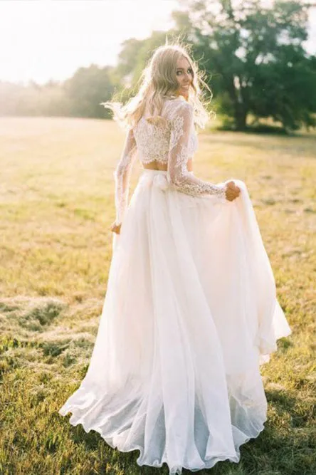 Two Piece Round Neck Long Sleeves Beach Wedding Dress With Lace OHD027