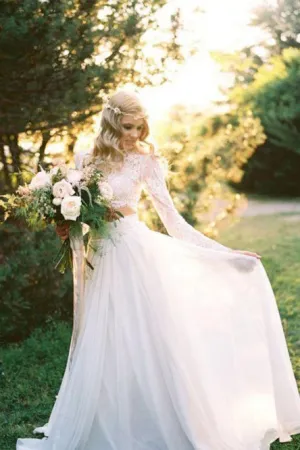 Two Piece Round Neck Long Sleeves Beach Wedding Dress With Lace OHD027
