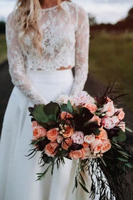 Two Piece Round Neck Long Sleeves Beach Wedding Dress With Lace OHD027