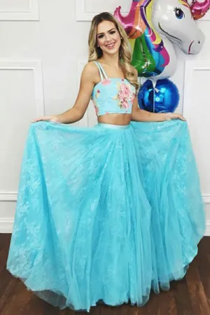 Two Piece Straps Sweep Train Blue Lace Prom Dress with Beading Embroidery C002