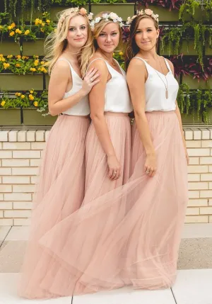 Two Pieces Bridesmaid Dress,White Top Blush Tulle Bridesmaid Dress,Informal Wedding Dress,Party Dress,Tulle Skirt Prom Dress