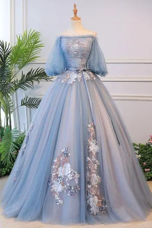 Unique Ball Gown Off The Shoulder Half Sleeves Embroidery Long Tulle Prom Dress/Evening Dress OHC262