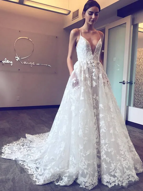 Unique Lace Wedding Dress Sexy Deep V-Neck A-Line Vintage Wedding Dress Bridal Gown CA064