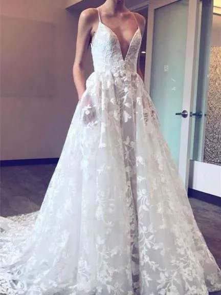 Unique Lace Wedding Dress Sexy Deep V-Neck A-Line Vintage Wedding Dress Bridal Gown CA064