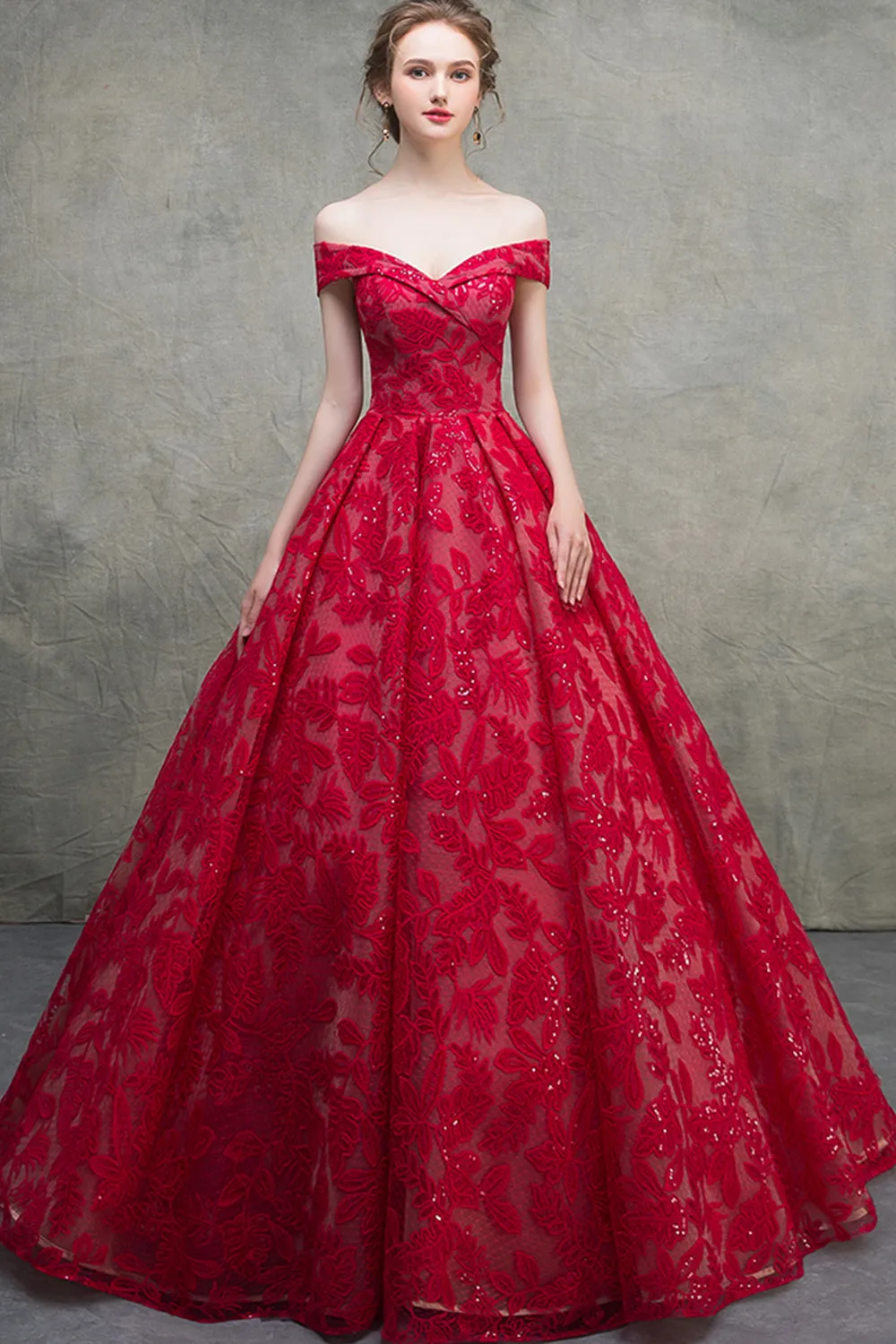 Unique Red Lace Off The Shoulder Lace Up Short Sleeves Long Senior Prom Dress Prom Gown OHC418