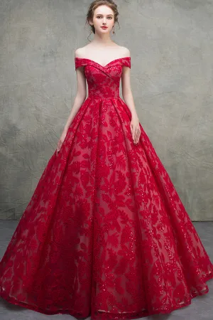 Unique Red Lace Off The Shoulder Lace Up Short Sleeves Long Senior Prom Dress Prom Gown OHC418