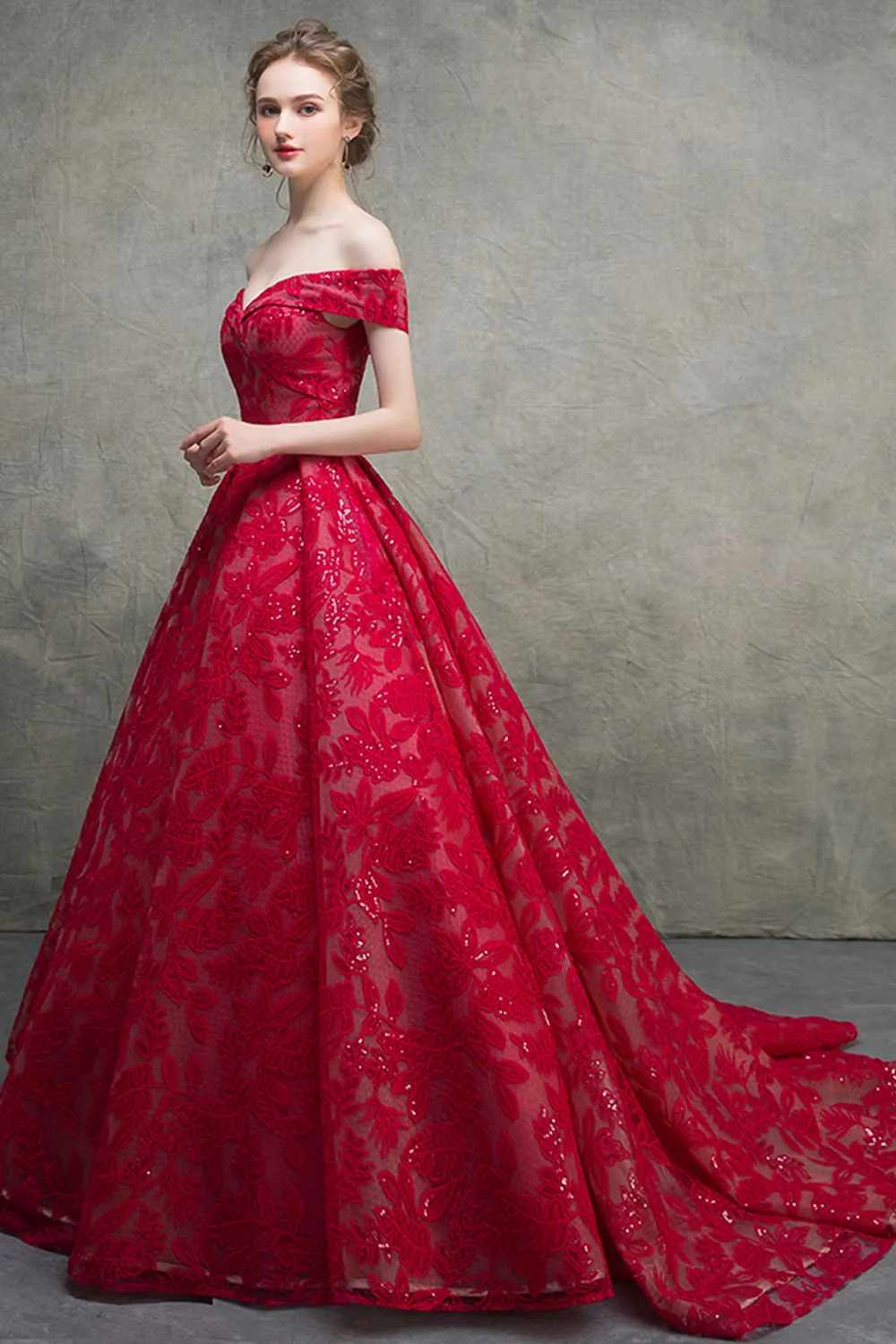 Unique Red Lace Off The Shoulder Lace Up Short Sleeves Long Senior Prom Dress Prom Gown OHC418
