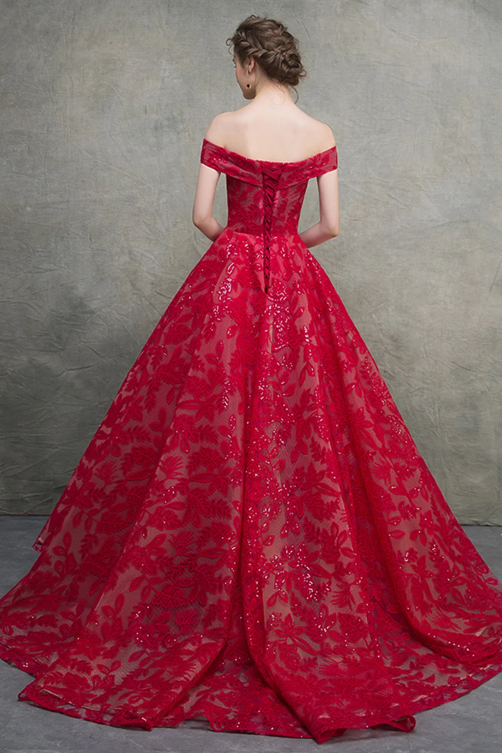 Unique Red Lace Off The Shoulder Lace Up Short Sleeves Long Senior Prom Dress Prom Gown OHC418