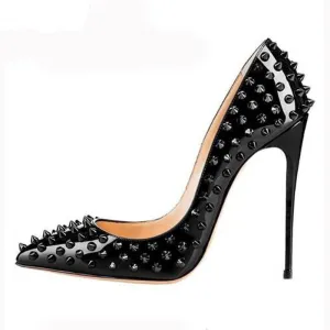 Valencia Italian Pointed Toe Rivets Spikes Patent Leather High Heel Shoes