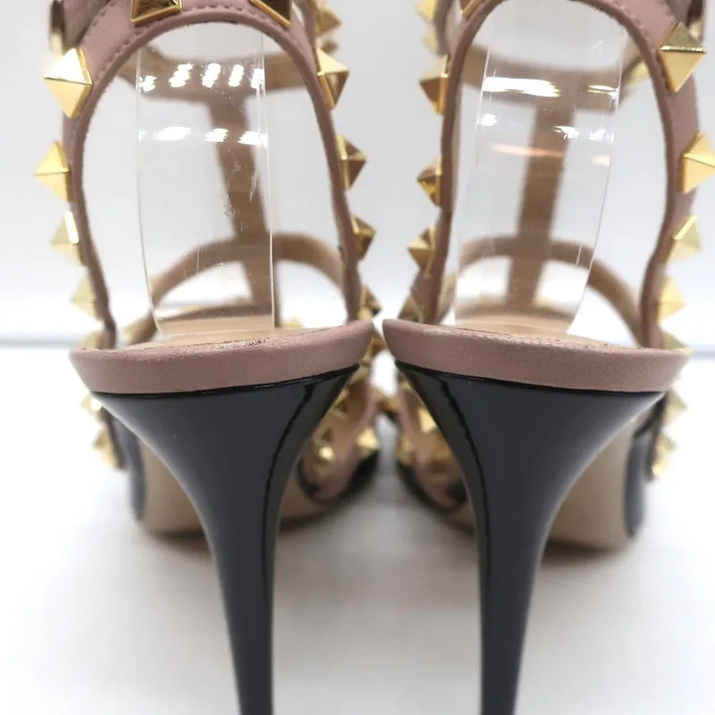Valentino Rockstud Caged Slingback Pumps Black Patent & Poudre Leather Size 39