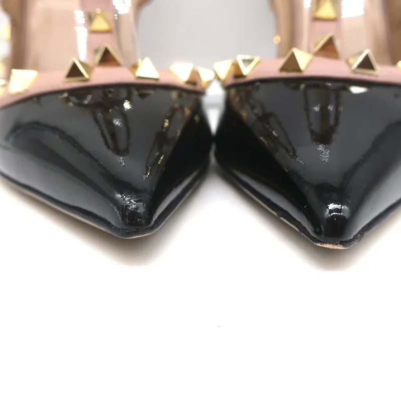 Valentino Rockstud Caged Slingback Pumps Black Patent & Poudre Leather Size 39