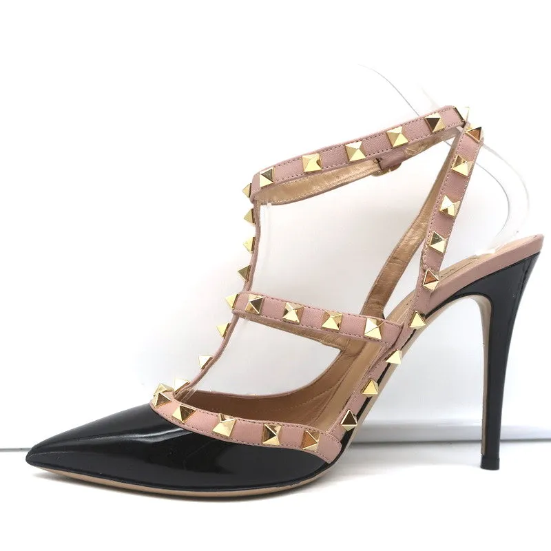 Valentino Rockstud Caged Slingback Pumps Black Patent & Poudre Leather Size 39