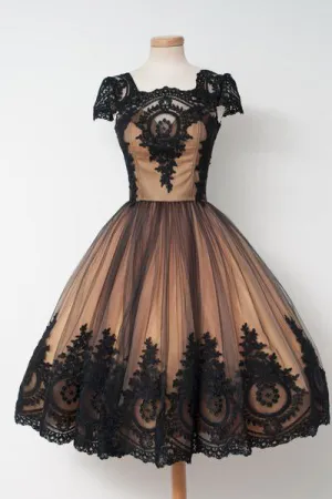 Vintage Black Applique Cap Sleeves Homecoming Dress,Tulle Pretty Cheap Short Prom Dresses OK355