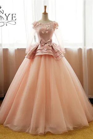 Vintage Flower Long Sleeves Puffy Tulle Long Prom Dresses,Quinceanera Dresses OK608