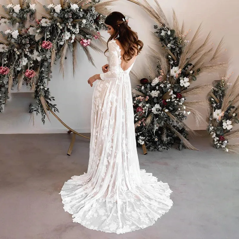 Vintage Lace A-line 3/4 Sleeves Wedding Dress Elegant Backless Boho Bridal Dress OKW13
