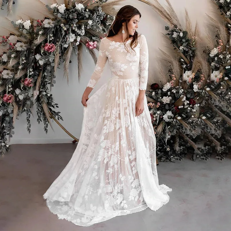 Vintage Lace A-line 3/4 Sleeves Wedding Dress Elegant Backless Boho Bridal Dress OKW13