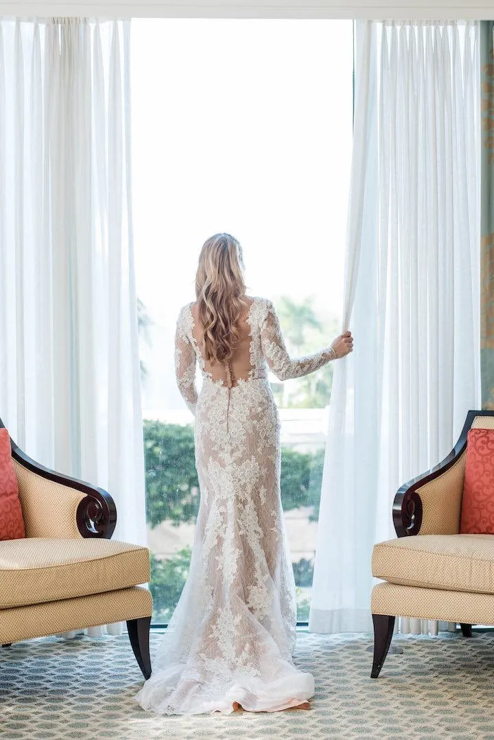 Vintage Lace Long Sleeve See Through Back Nude Mermaid Wedding Dresses, WD0173