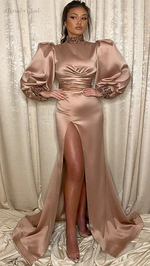Vintage Mauve Turtle-neck Long-sleeve Side-slit Mermaid Long Prom Dress, PD3357