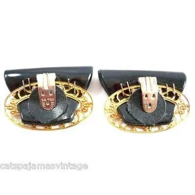 Vintage Shoe Clips Black Patent Vinyl & Gold Filigree 1960s
