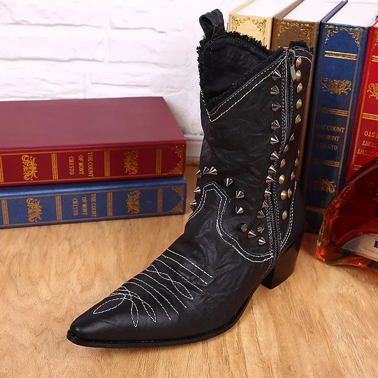Warm Winter Shoes Men Real Leather Men Mid-calf Boots Rivets Pointed Toe Long Cowboy Boots Plus Size Slip on Male Western Boots