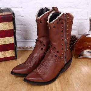 Warm Winter Shoes Men Real Leather Men Mid-calf Boots Rivets Pointed Toe Long Cowboy Boots Plus Size Slip on Male Western Boots