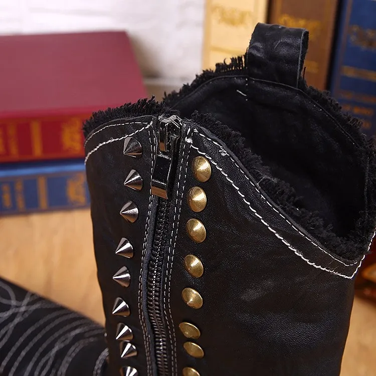 Warm Winter Shoes Men Real Leather Men Mid-calf Boots Rivets Pointed Toe Long Cowboy Boots Plus Size Slip on Male Western Boots