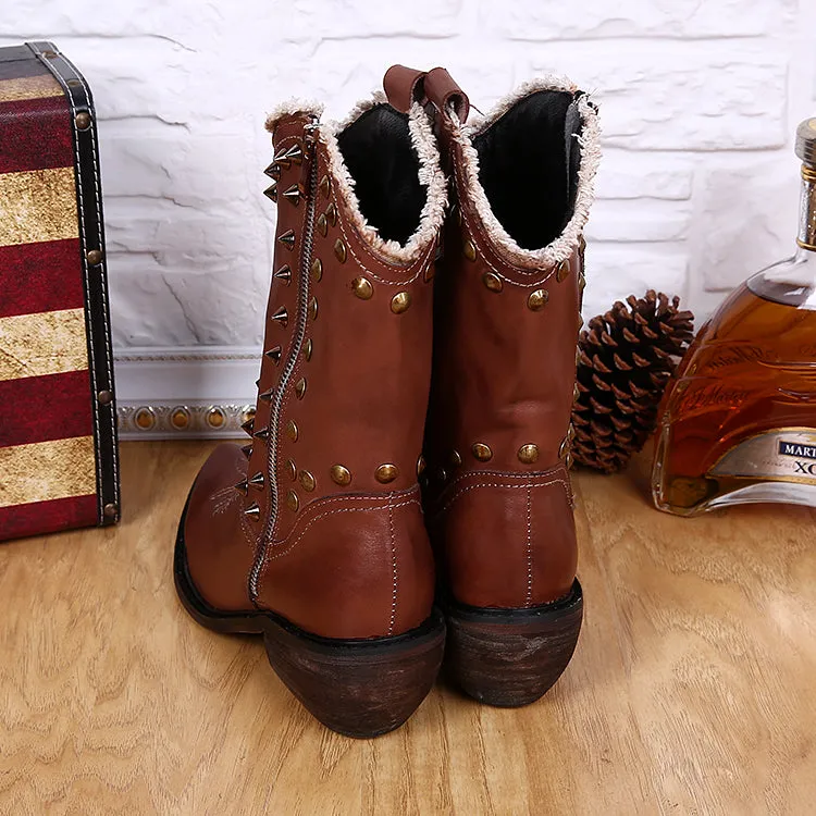 Warm Winter Shoes Men Real Leather Men Mid-calf Boots Rivets Pointed Toe Long Cowboy Boots Plus Size Slip on Male Western Boots