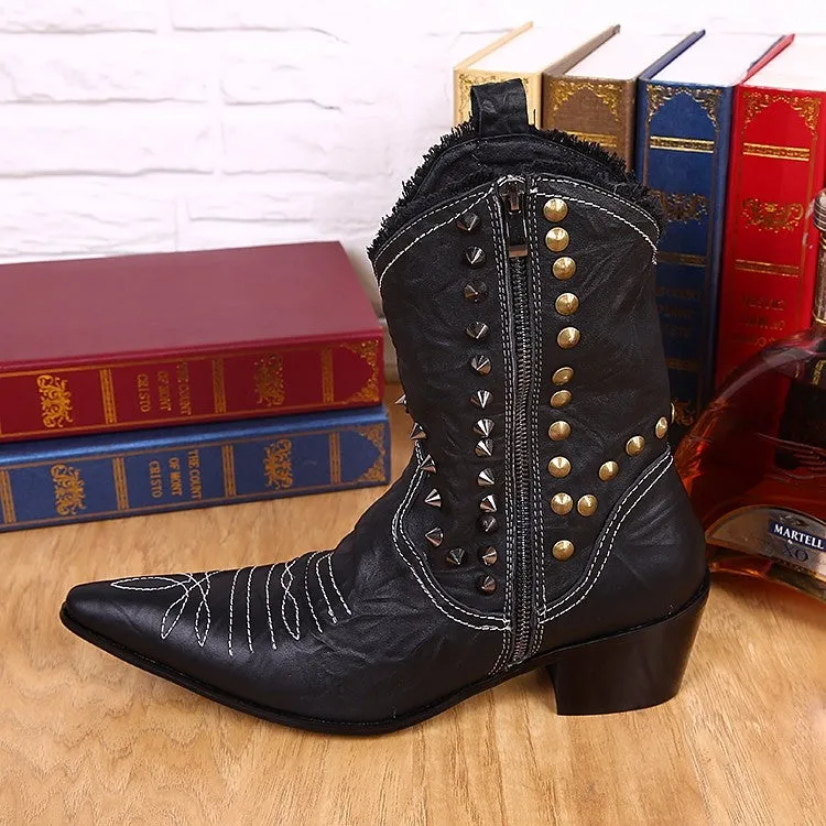 Warm Winter Shoes Men Real Leather Men Mid-calf Boots Rivets Pointed Toe Long Cowboy Boots Plus Size Slip on Male Western Boots
