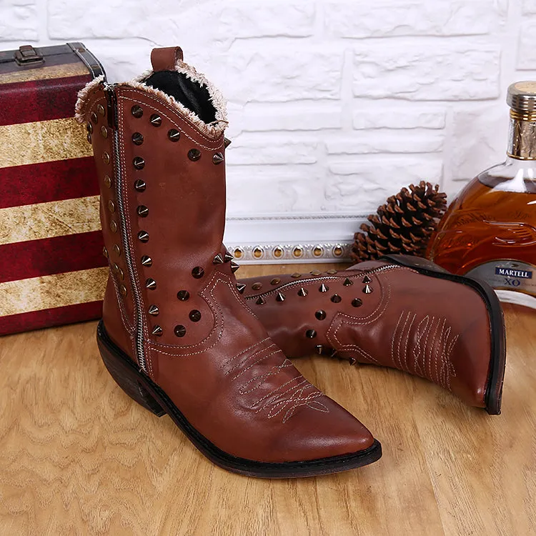 Warm Winter Shoes Men Real Leather Men Mid-calf Boots Rivets Pointed Toe Long Cowboy Boots Plus Size Slip on Male Western Boots