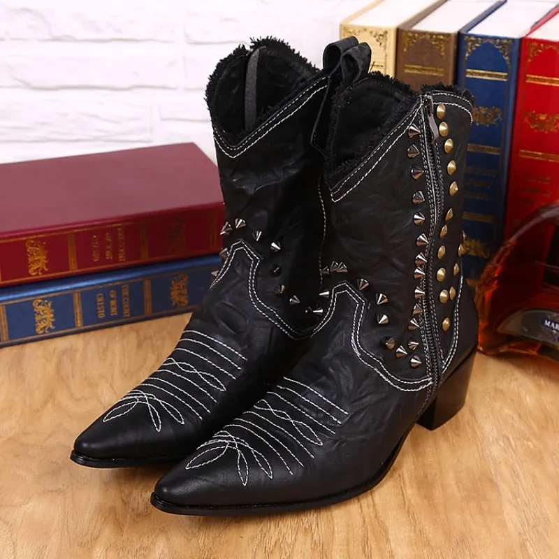 Warm Winter Shoes Men Real Leather Men Mid-calf Boots Rivets Pointed Toe Long Cowboy Boots Plus Size Slip on Male Western Boots