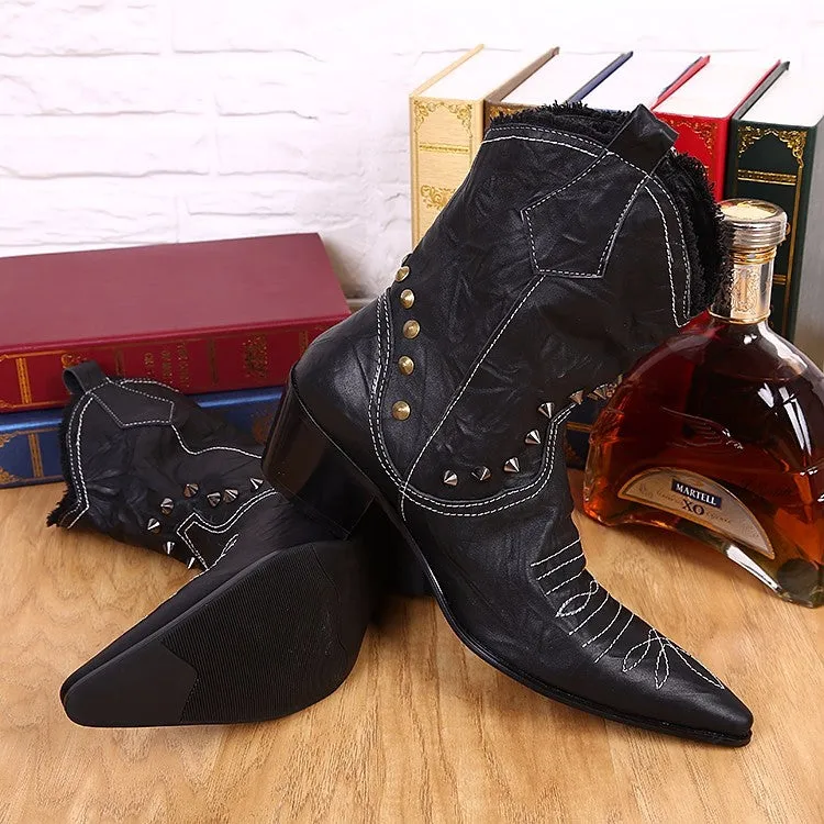 Warm Winter Shoes Men Real Leather Men Mid-calf Boots Rivets Pointed Toe Long Cowboy Boots Plus Size Slip on Male Western Boots