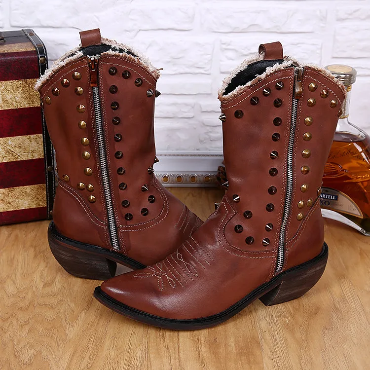 Warm Winter Shoes Men Real Leather Men Mid-calf Boots Rivets Pointed Toe Long Cowboy Boots Plus Size Slip on Male Western Boots