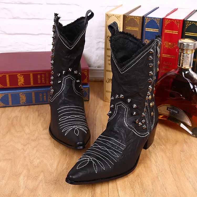 Warm Winter Shoes Men Real Leather Men Mid-calf Boots Rivets Pointed Toe Long Cowboy Boots Plus Size Slip on Male Western Boots