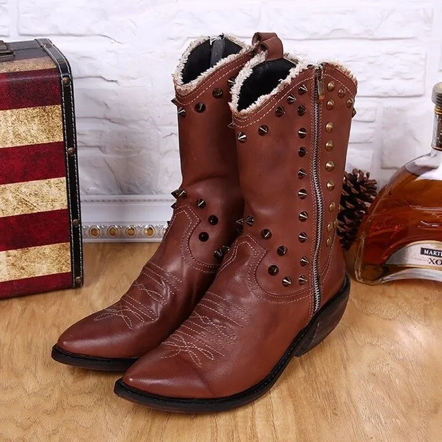 Warm Winter Shoes Men Real Leather Men Mid-calf Boots Rivets Pointed Toe Long Cowboy Boots Plus Size Slip on Male Western Boots