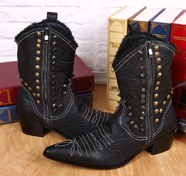Warm Winter Shoes Men Real Leather Men Mid-calf Boots Rivets Pointed Toe Long Cowboy Boots Plus Size Slip on Male Western Boots