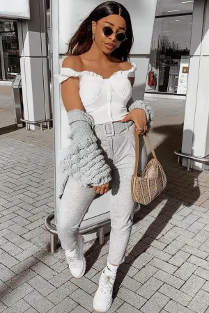 White Button Front Ruffle Top - Franceska
