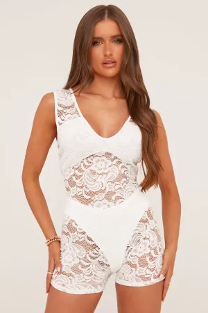 White Lace Plunge Neck Sleeveless Playsuit - Everly