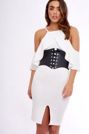 White Lace Up Corset Belt Dress - Shlya