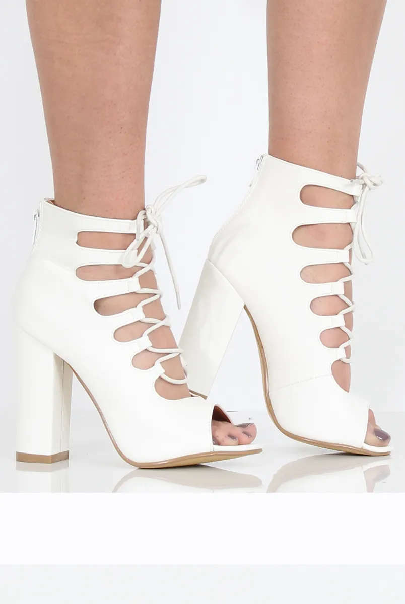 White PU Lace Up Block Heel - Jenine
