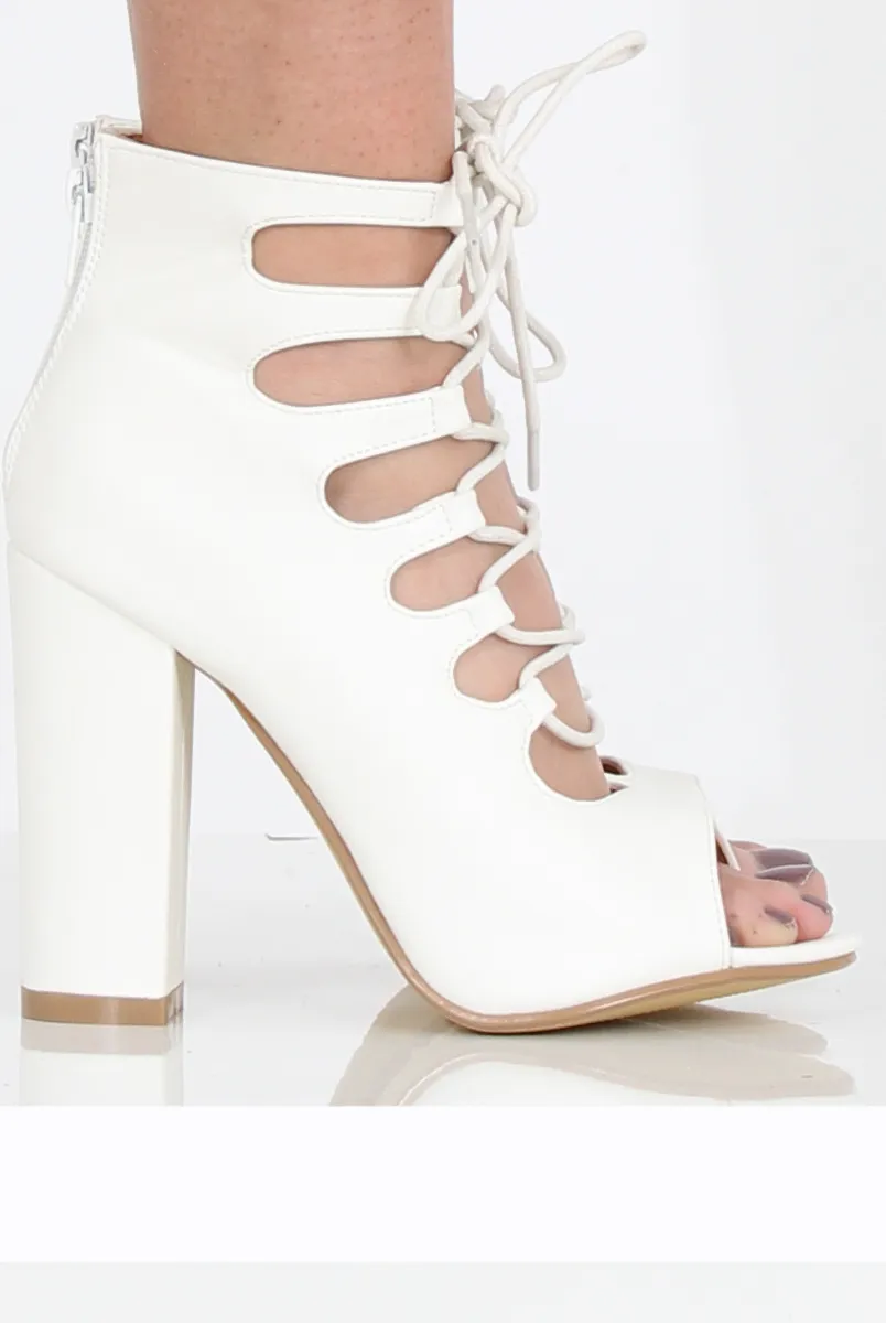 White PU Lace Up Block Heel - Jenine