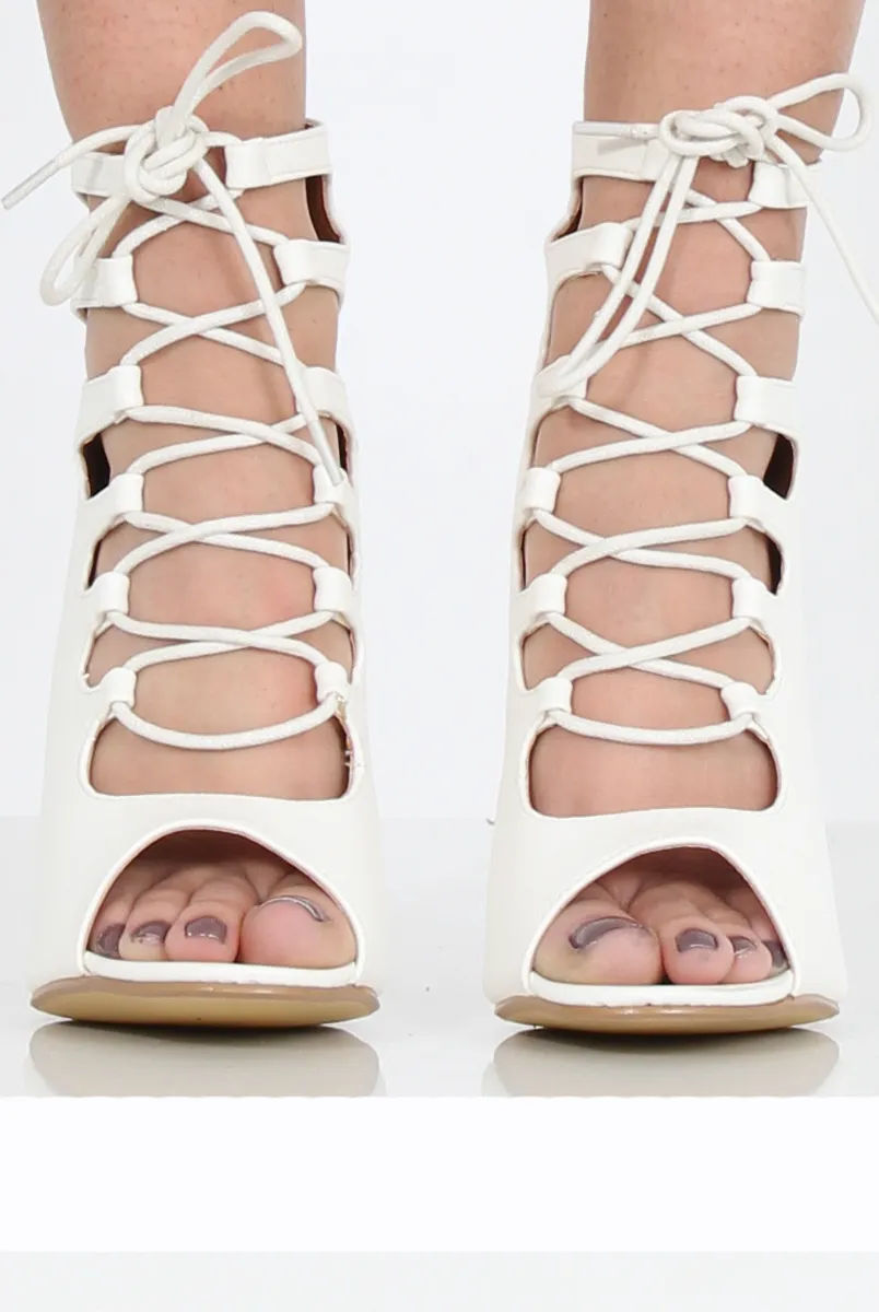White PU Lace Up Block Heel - Jenine