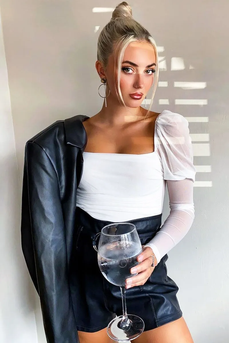 White Ruched Body Mesh Sleeve Bodysuit - Raeya
