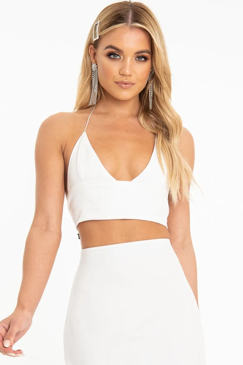 White Satin Lace Up Plunge Triangle Bralet - Tabby
